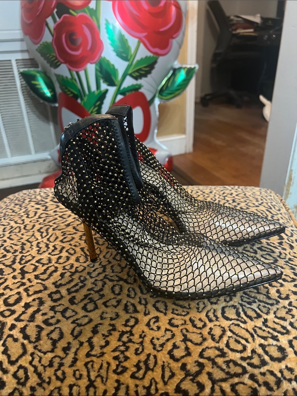 Vince Camuto Black Mesh Pointed-Toe Studded Stiletto Booties with Gold Heel
